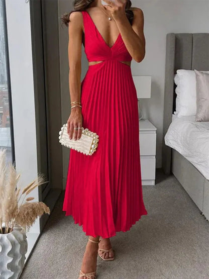 Elegant V-Neck Pleated Skirt Dress for Women